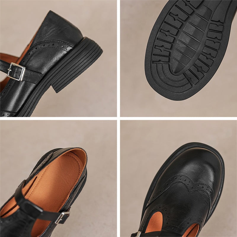 Leather T-Strap Mary Jane Shoes Brogue Block Heel