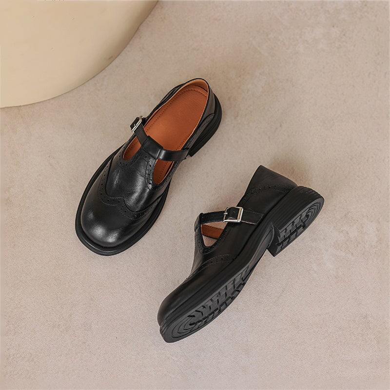 Leather T-Strap Mary Jane Shoes Brogue Block Heel