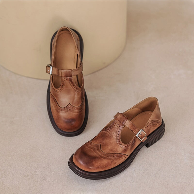 Leather T-Strap Mary Jane Shoes Brogue Block Heel