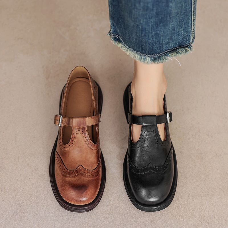 Leather T-Strap Mary Jane Shoes Brogue Block Heel