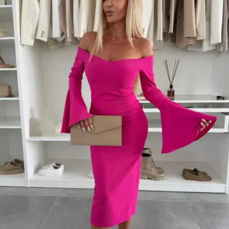 Flared-Sleeve Evening Dress