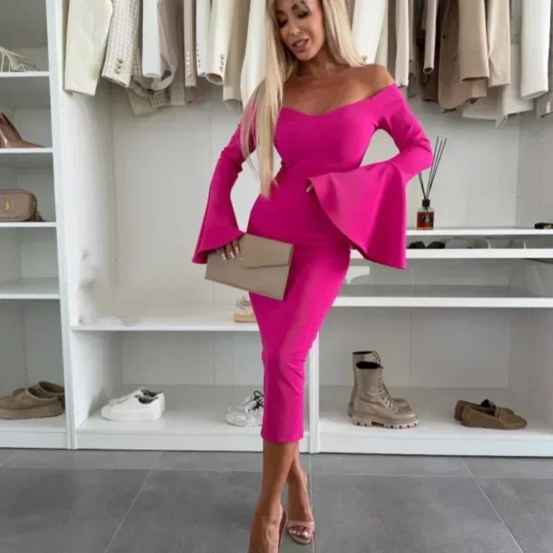 Flared-Sleeve Evening Dress