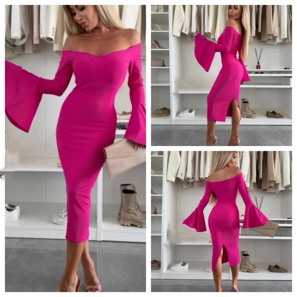 Flared-Sleeve Evening Dress