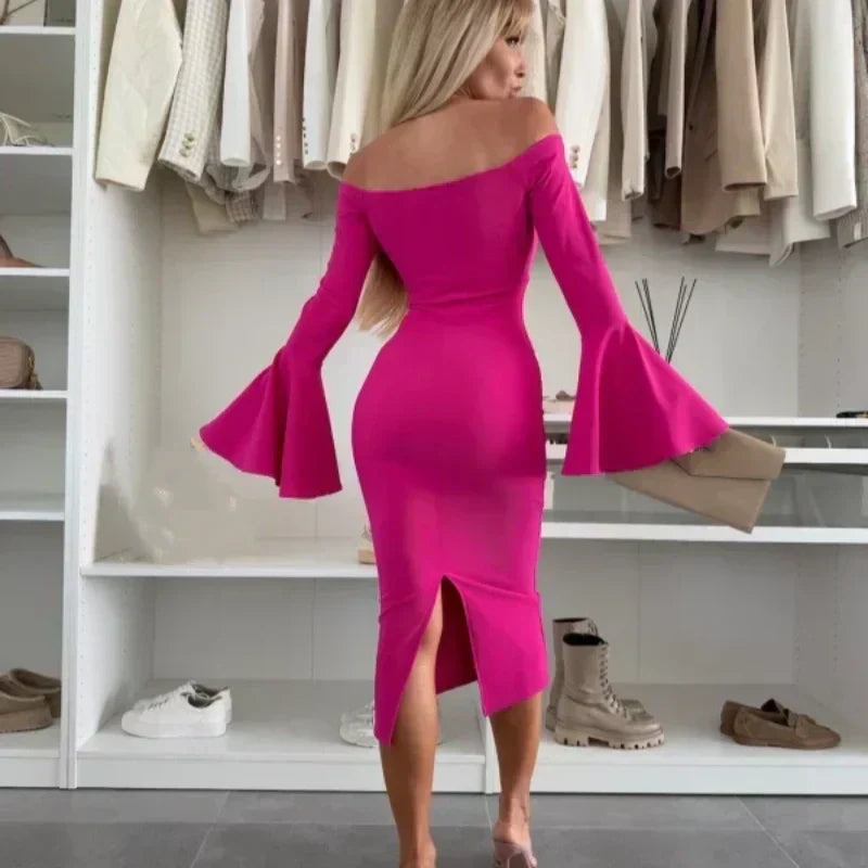 Flared-Sleeve Evening Dress
