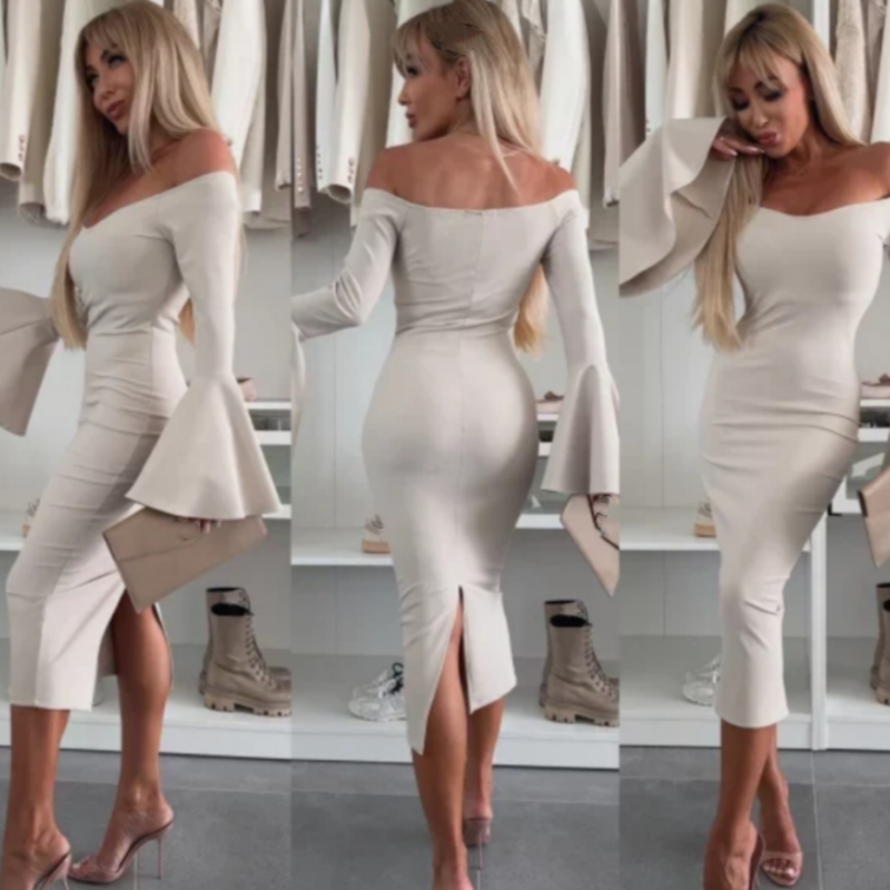 Flared-Sleeve Evening Dress