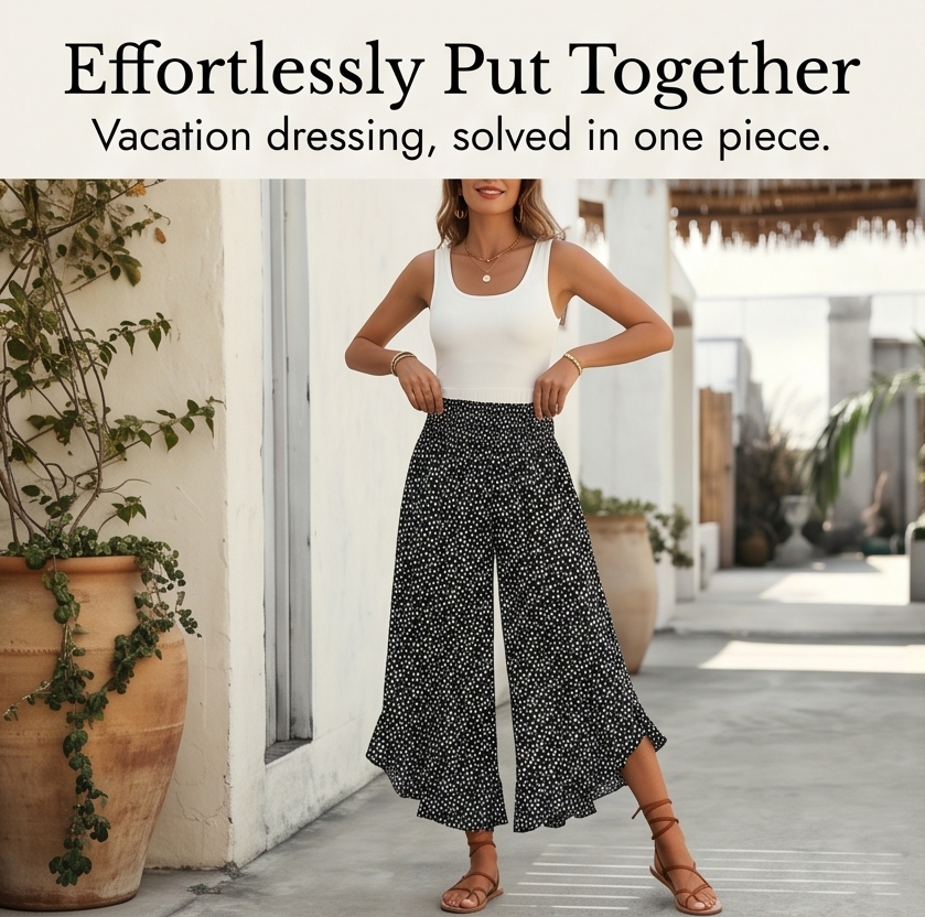 Smocked Wide-Leg Ruffle Pants