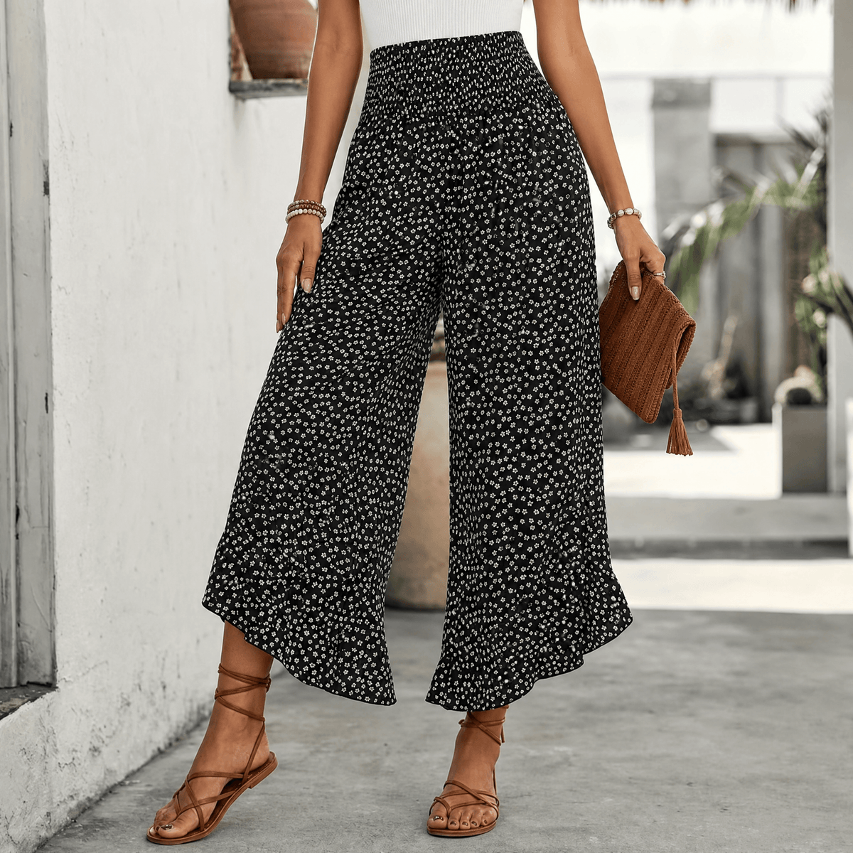 Smocked Wide-Leg Ruffle Pants Black