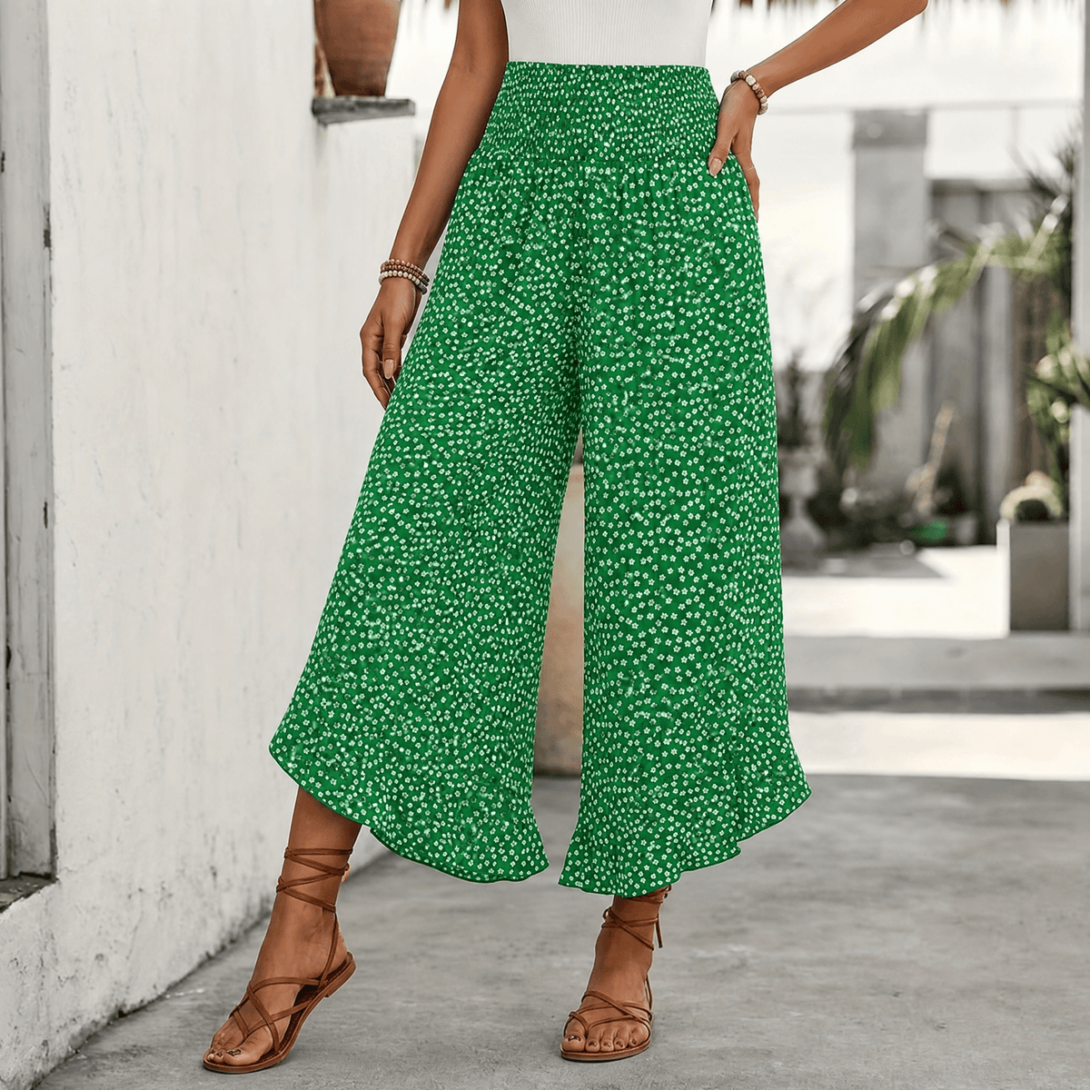 Smocked Wide-Leg Ruffle Pants Green