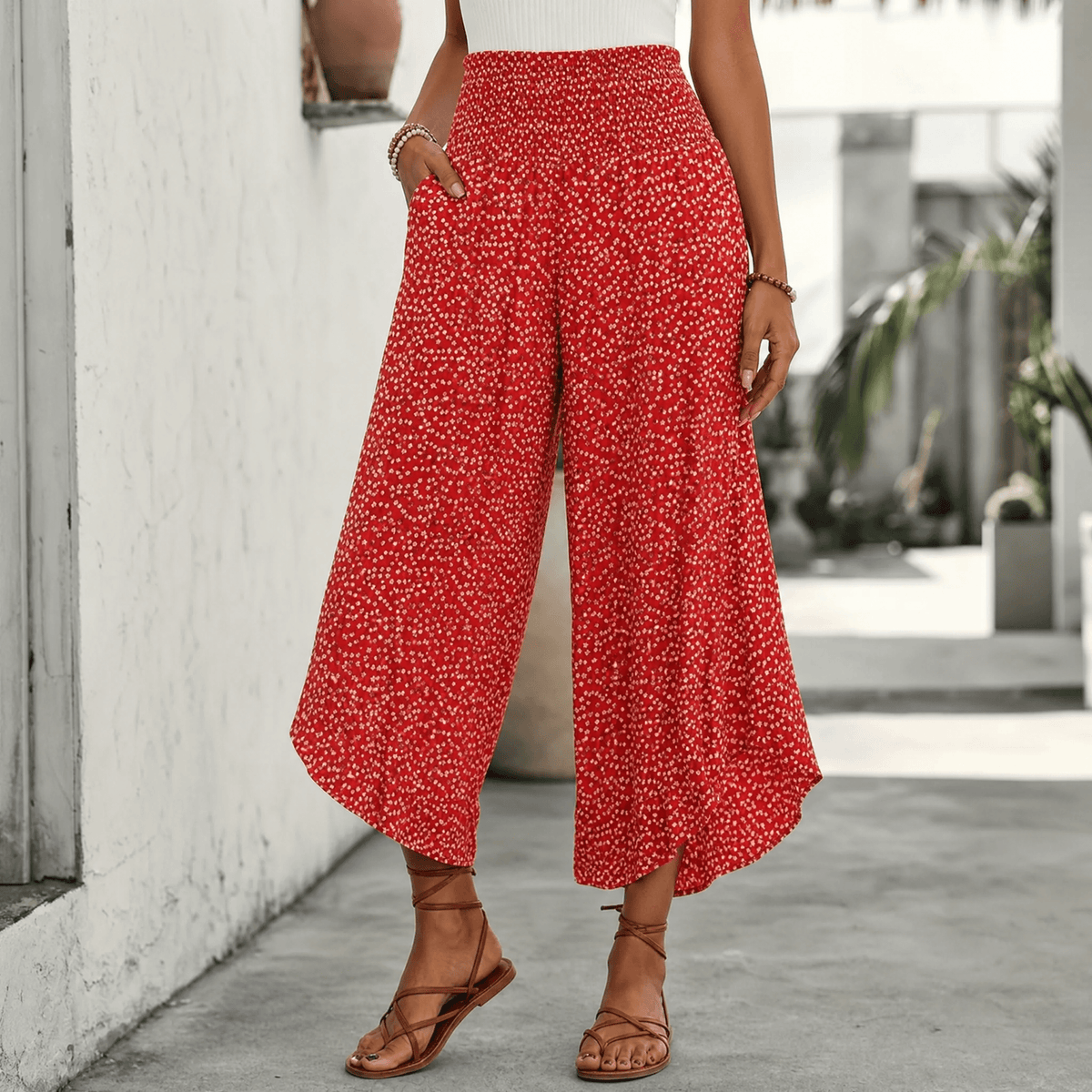 Smocked Wide-Leg Ruffle Pants Red