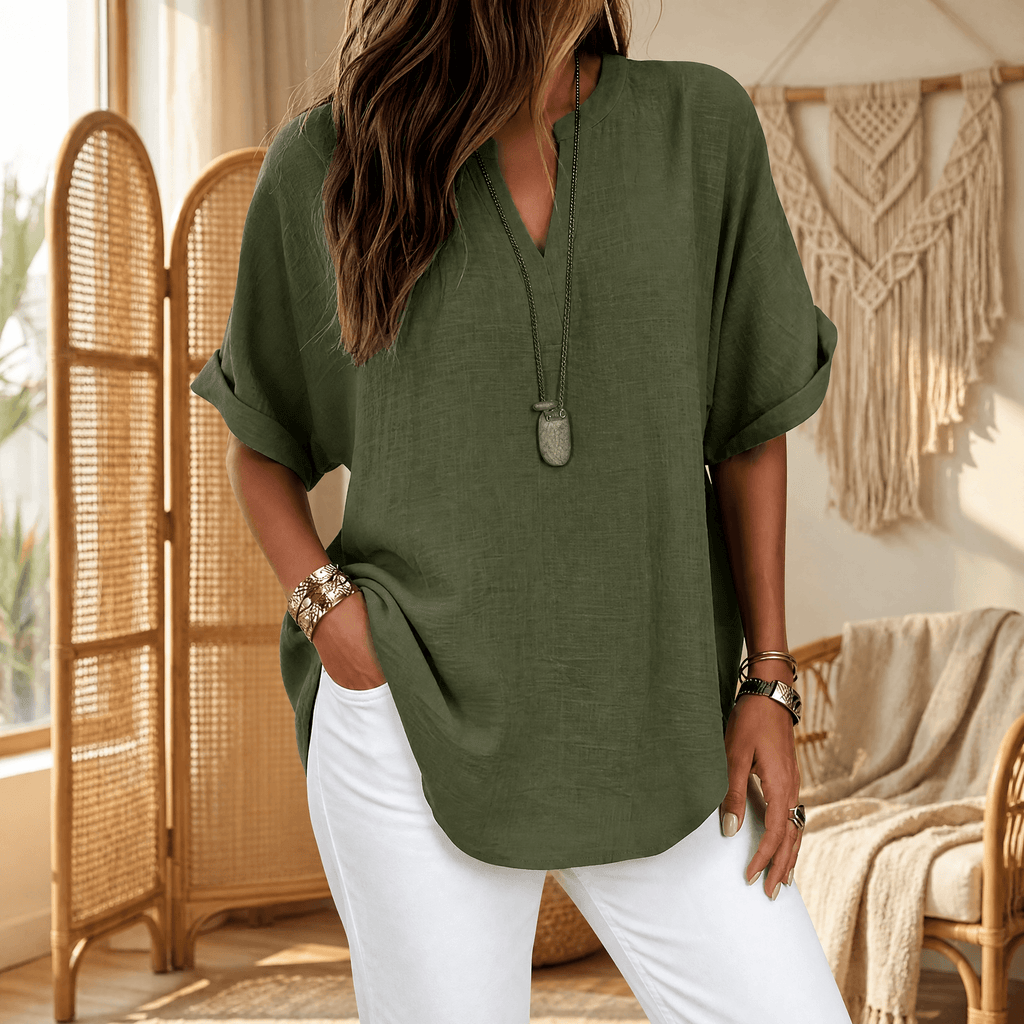 Women's Breezy V Neck Blouse with Curved Hem Green / S